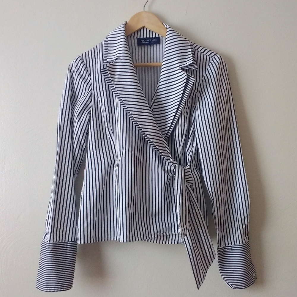Jones New York Striped Wrap Collared Top